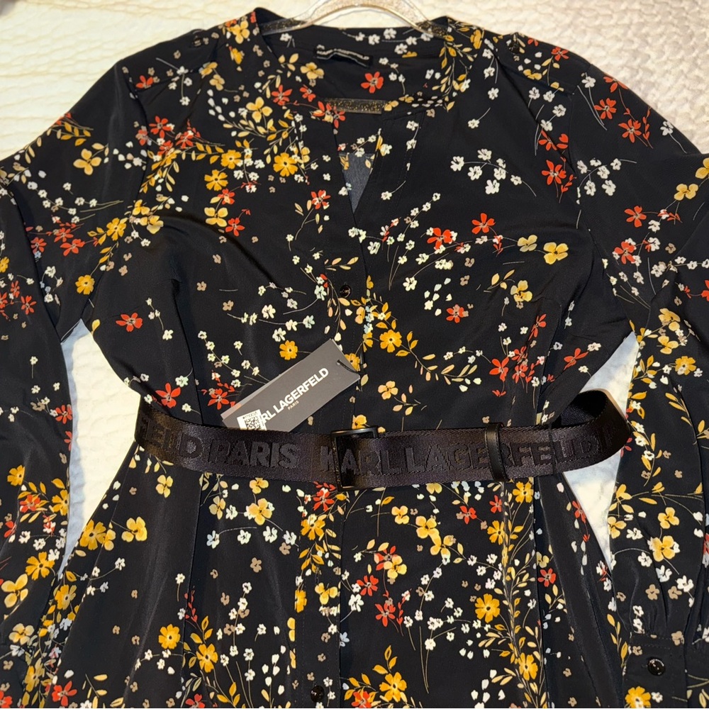 Karl Lagerfeld Black Dress with Floral Print and Belt